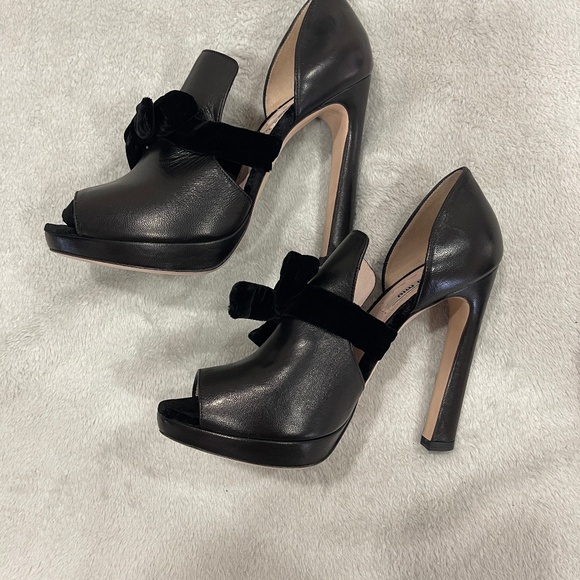 Miu Miu Black Leather Heels, Open Peep Toe Women's Size 7 - Picture 1 of 15
